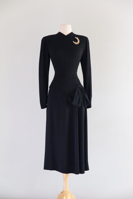 Gorgeous 1940's Black Crepe Cocktail Dress With Sculptural Hip Swag / SM