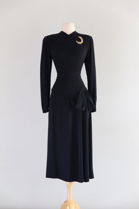 Gorgeous 1940's Black Crepe Cocktail Dress With Sculptural Hip Swag / SM