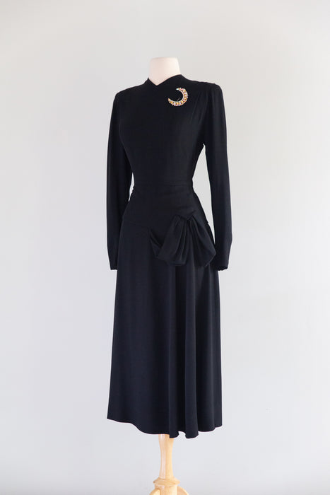 Gorgeous 1940's Black Crepe Cocktail Dress With Sculptural Hip Swag / SM