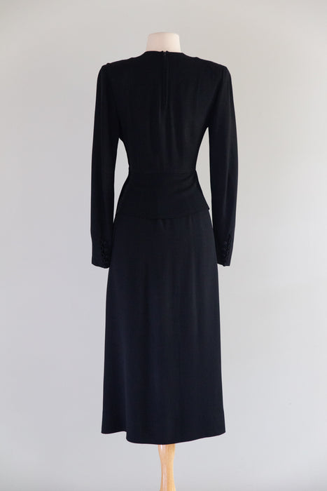 Gorgeous 1940's Black Crepe Cocktail Dress With Sculptural Hip Swag / SM