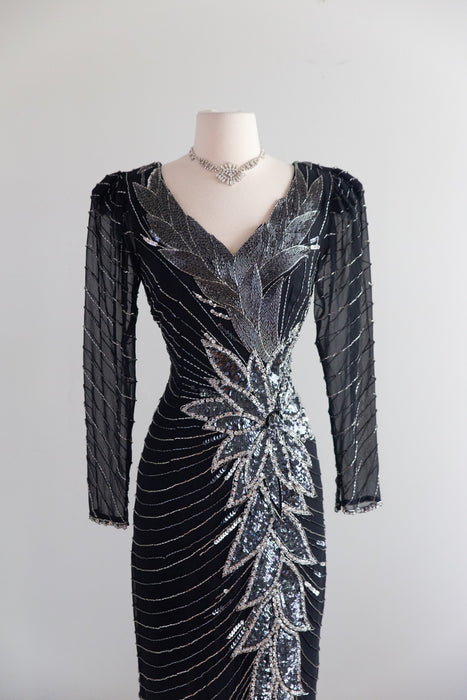 Glamorous 1980's Lillie Rubin Sequined Evening Gown Inspired By Bob Mackie / M