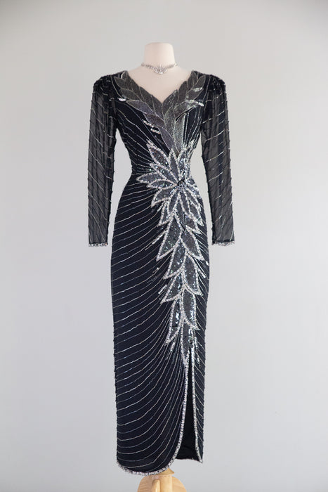 Glamorous 1980's Lillie Rubin Sequined Evening Gown Inspired By Bob Mackie / M