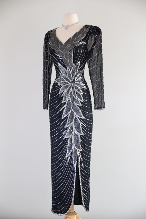 Glamorous 1980's Lillie Rubin Sequined Evening Gown Inspired By Bob Mackie / M