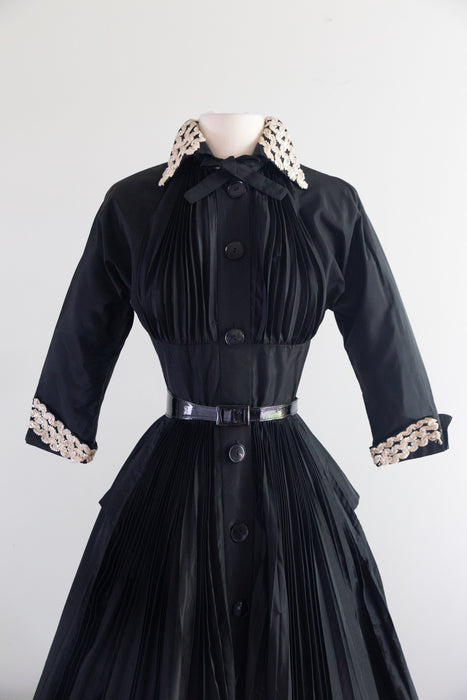 Fabulous 1950's Black Pleated Cocktail Dress By Tailored Juniors / XS