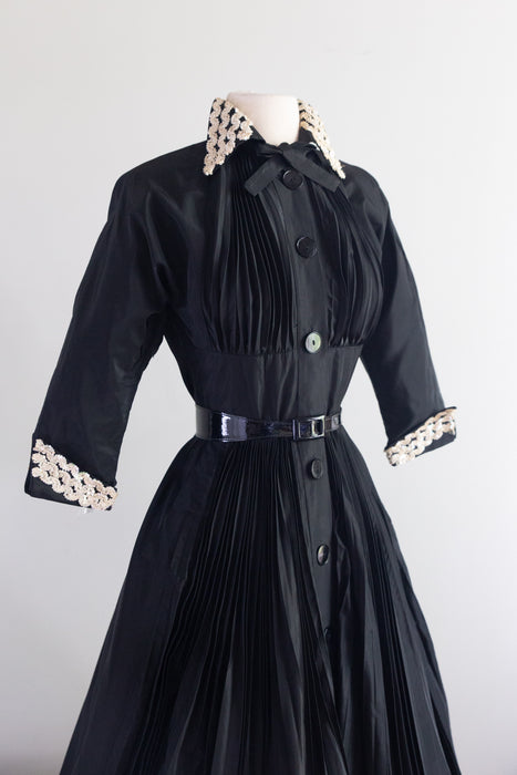 Fabulous 1950's Black Pleated Cocktail Dress By Tailored Juniors / XS