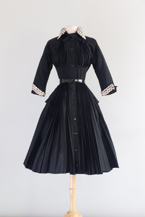 Fabulous 1950's Black Pleated Cocktail Dress By Tailored Juniors / XS