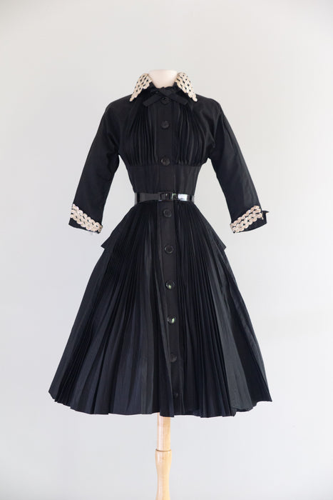 Fabulous 1950's Black Pleated Cocktail Dress By Tailored Juniors / XS