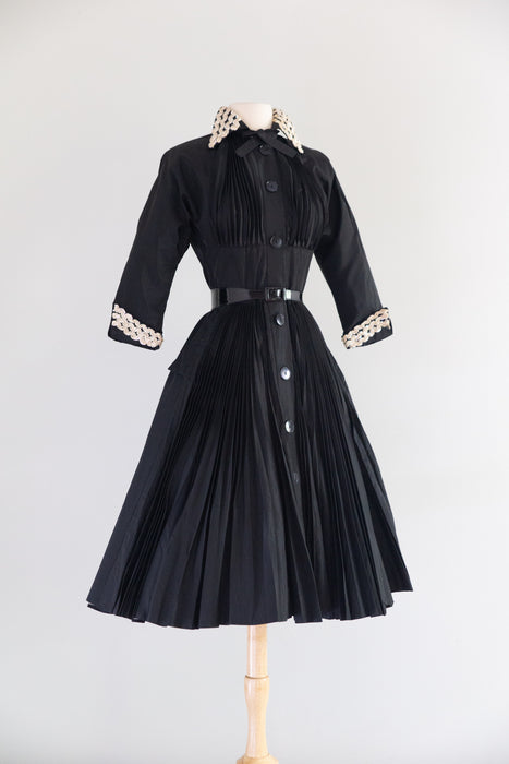 Fabulous 1950's Black Pleated Cocktail Dress By Tailored Juniors / XS