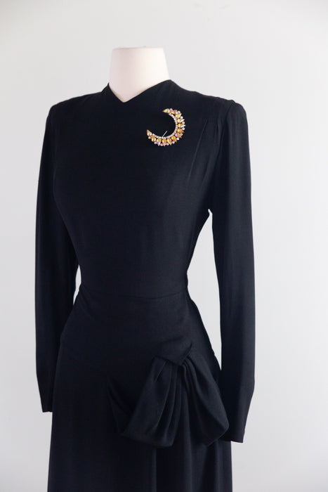 Gorgeous 1940's Black Crepe Cocktail Dress With Sculptural Hip Swag / SM