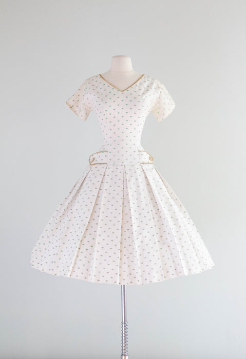Darling 1950's Ivory Faille Party Dress With Green Trees / Small