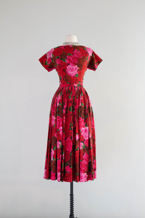 Spectacular Silk Rose Print 1950's Couture Evening Dress By Traina Norell / Small