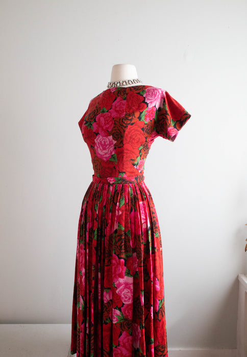 Spectacular Silk Rose Print 1950's Couture Evening Dress By Traina Norell / Small