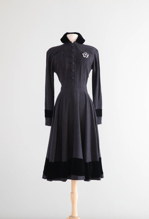 New Look Era Late 1940's Oleg Cassini Charcoal Grey Wool Shirt Waist Dress With Velvet / SM