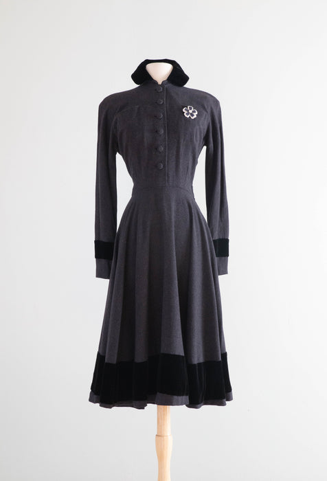 New Look Era Late 1940's Oleg Cassini Charcoal Grey Wool Shirt Waist Dress With Velvet / SM