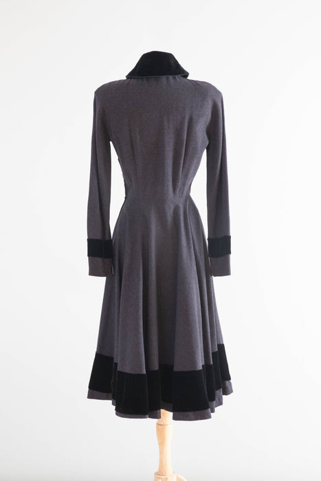 New Look Era Late 1940's Oleg Cassini Charcoal Grey Wool Shirt Waist Dress With Velvet / SM