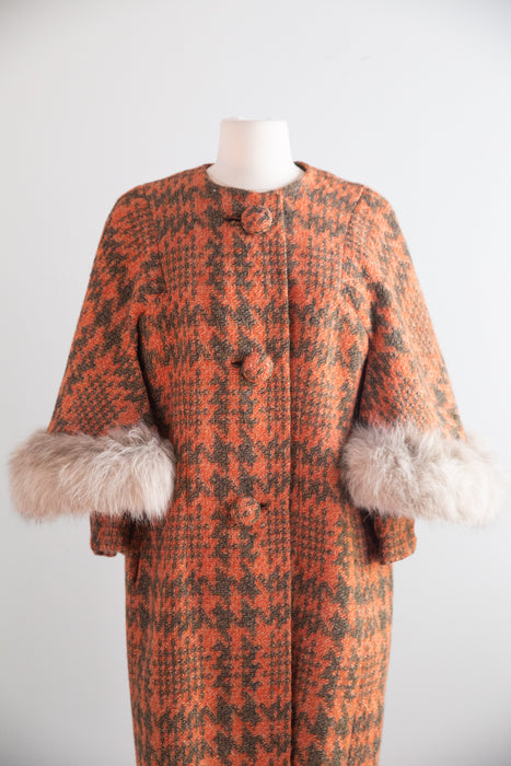 Fabulous Early 1960's Pumpkin Plaid Wool Coat With Fur Cape / M