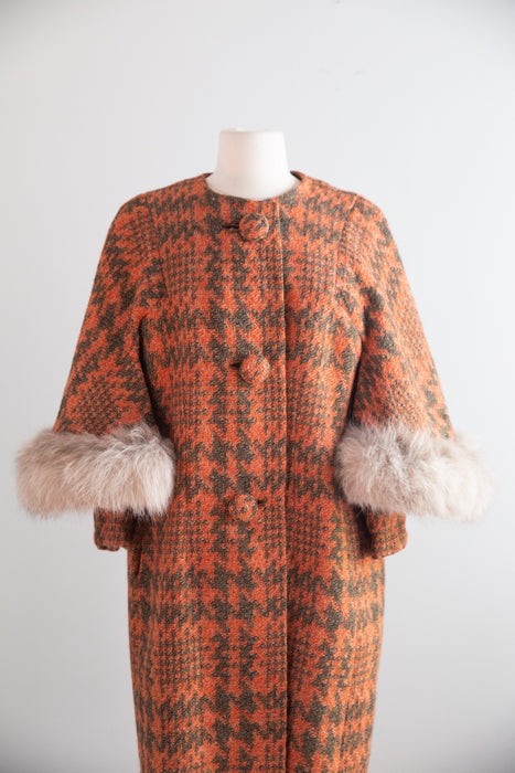 Fabulous Early 1960's Pumpkin Plaid Wool Coat With Fur Cape / M