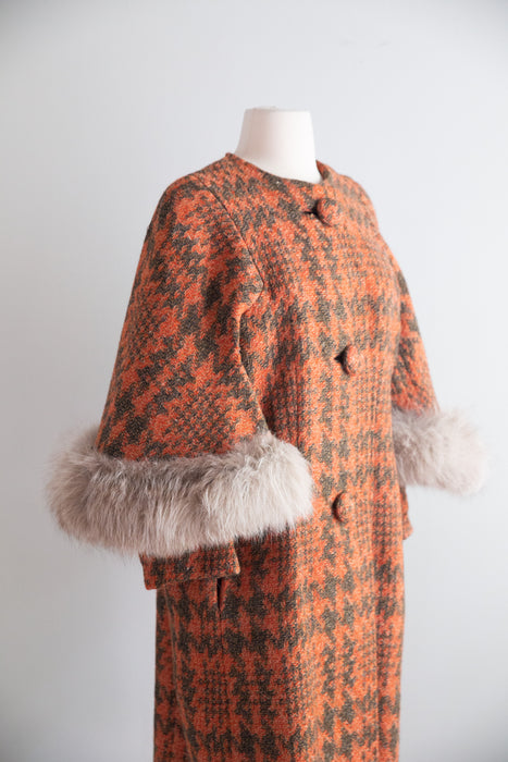 Fabulous Early 1960's Pumpkin Plaid Wool Coat With Fur Cape / M
