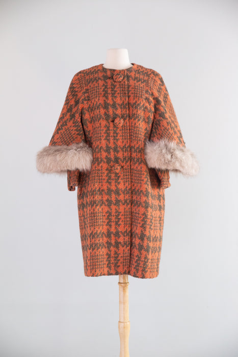 Fabulous Early 1960's Pumpkin Plaid Wool Coat With Fur Cape / M