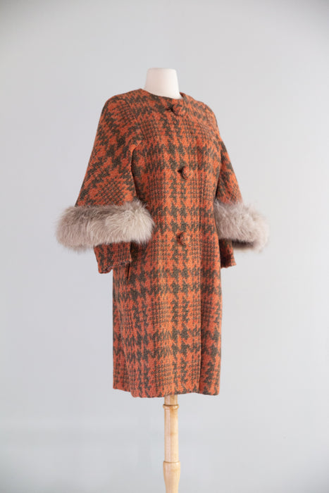 Fabulous Early 1960's Pumpkin Plaid Wool Coat With Fur Cape / M