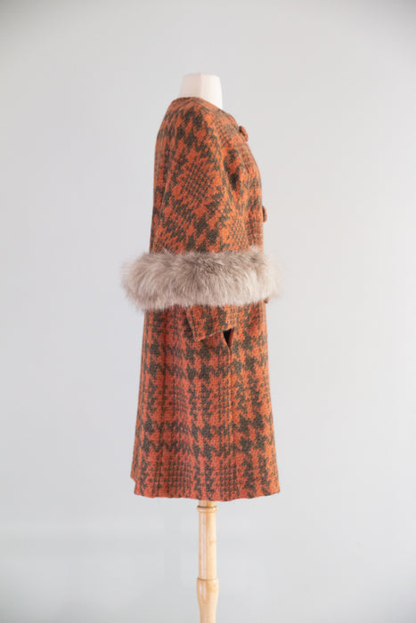 Fabulous Early 1960's Pumpkin Plaid Wool Coat With Fur Cape / M