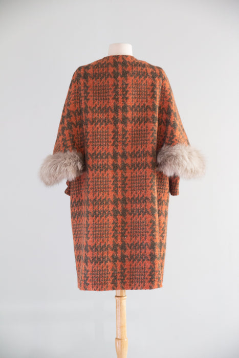 Fabulous Early 1960's Pumpkin Plaid Wool Coat With Fur Cape / M
