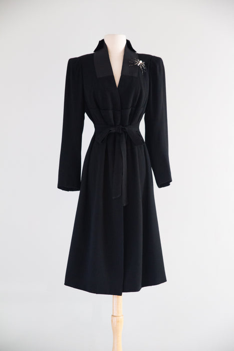 Late 1930s Ella Frankl Wien Black Wool Crêpe Coat with Grosgrain Collar / SM