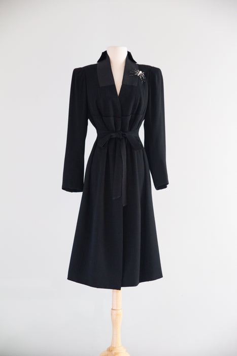 Late 1930s Ella Frankl Wien Black Wool Crêpe Coat with Grosgrain Collar / SM