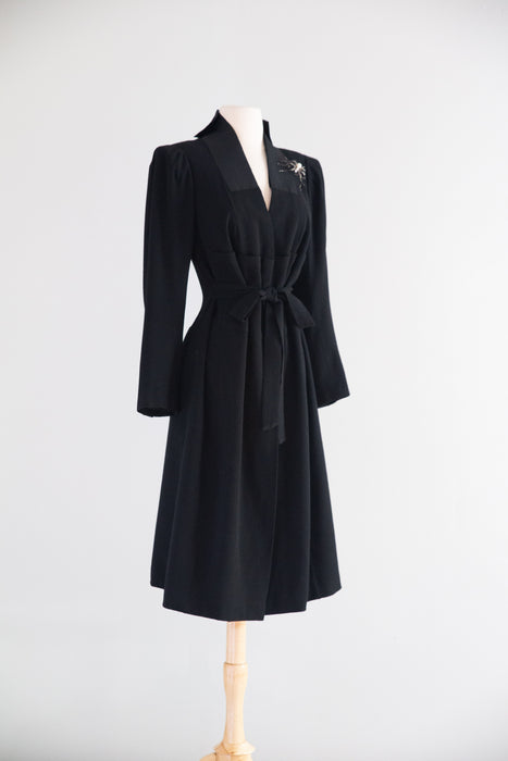 Late 1930s Ella Frankl Wien Black Wool Crêpe Coat with Grosgrain Collar / SM