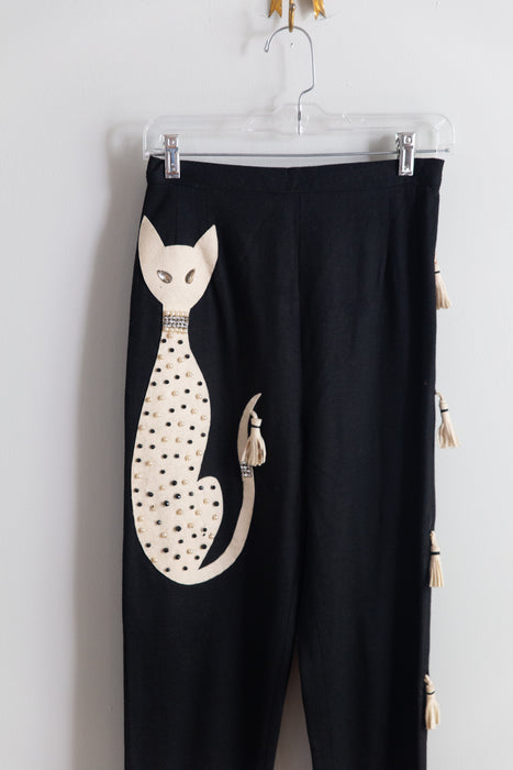 Iconic 1950's Bejeweled Princess Kitty Cigarette Pants in Wool Jersey / Small