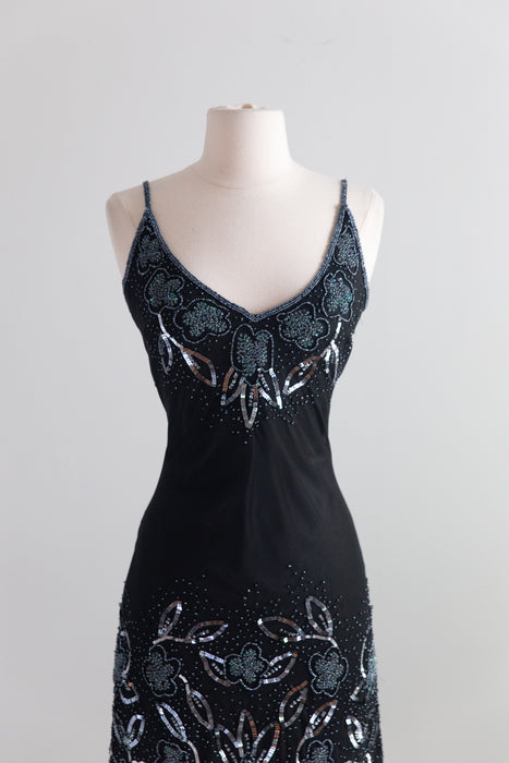 Sexy Y2K Silk Chiffon Bias Cut Beaded Slip Dress / M