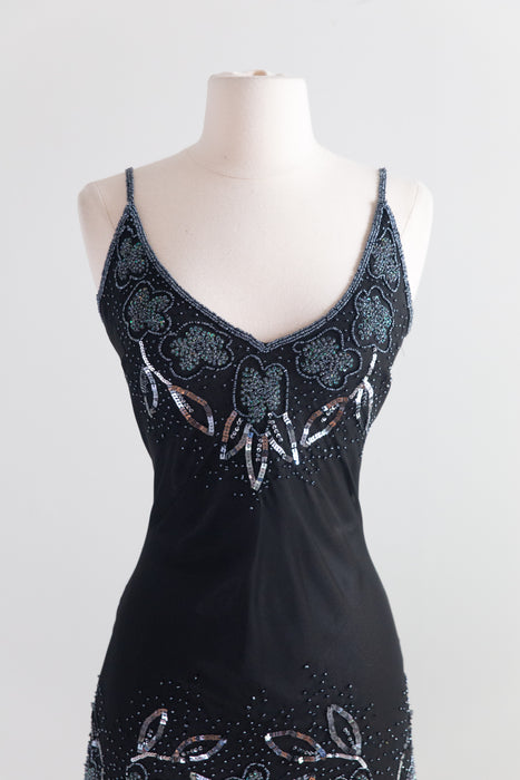 Sexy Y2K Silk Chiffon Bias Cut Beaded Slip Dress / M