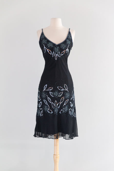 Sexy Y2K Silk Chiffon Bias Cut Beaded Slip Dress / M