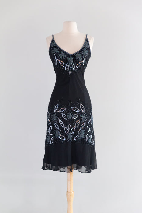 Sexy Y2K Silk Chiffon Bias Cut Beaded Slip Dress / M