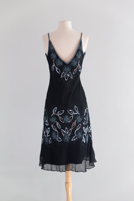Sexy Y2K Silk Chiffon Bias Cut Beaded Slip Dress / M