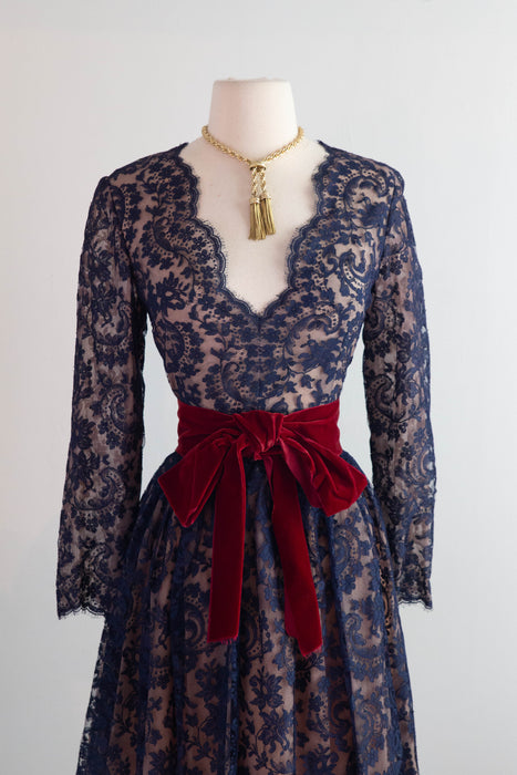 Stunning 1960's Saks Fifth Ave. Blue Lace Cocktail Dress With Crimson Velvet Sash / M