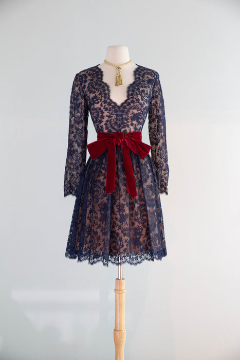 Stunning 1960's Saks Fifth Ave. Blue Lace Cocktail Dress With Crimson Velvet Sash / M
