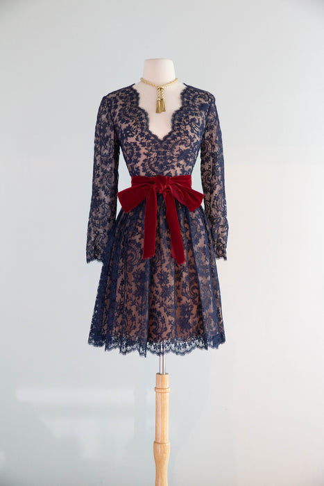 Stunning 1960's Saks Fifth Ave. Blue Lace Cocktail Dress With Crimson Velvet Sash / M