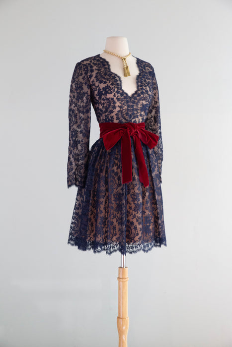Stunning 1960's Saks Fifth Ave. Blue Lace Cocktail Dress With Crimson Velvet Sash / M
