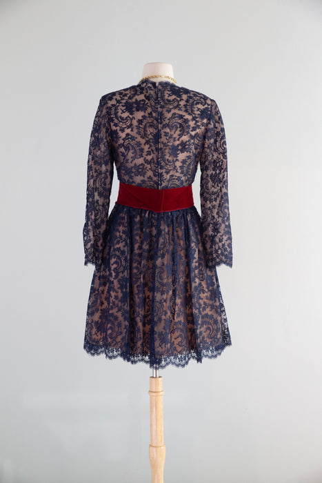 Stunning 1960's Saks Fifth Ave. Blue Lace Cocktail Dress With Crimson Velvet Sash / M