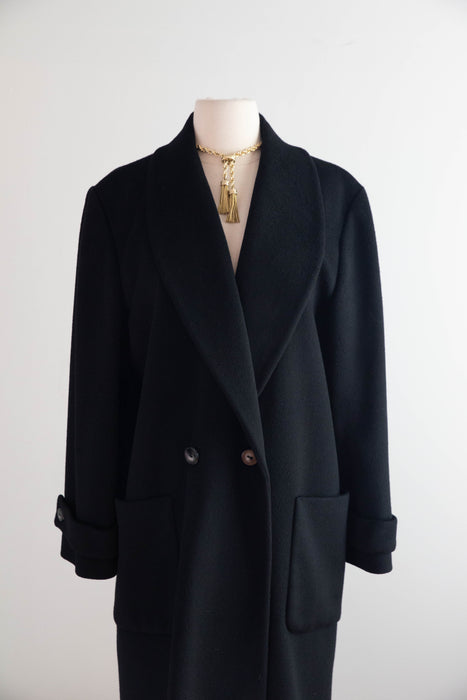 Chic 1980’s Minimalist Black Long Line Worumbo Wool Overcoat / ML