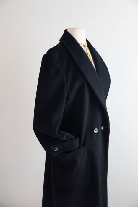 Chic 1980’s Minimalist Black Long Line Worumbo Wool Overcoat / ML