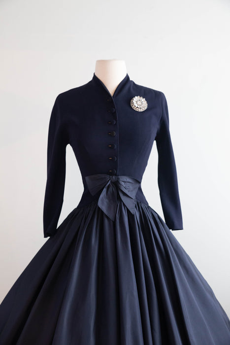 Exquisite 1950's Patullo Jo-Copeland Navy Blue Silk Cocktail Dress  / Small