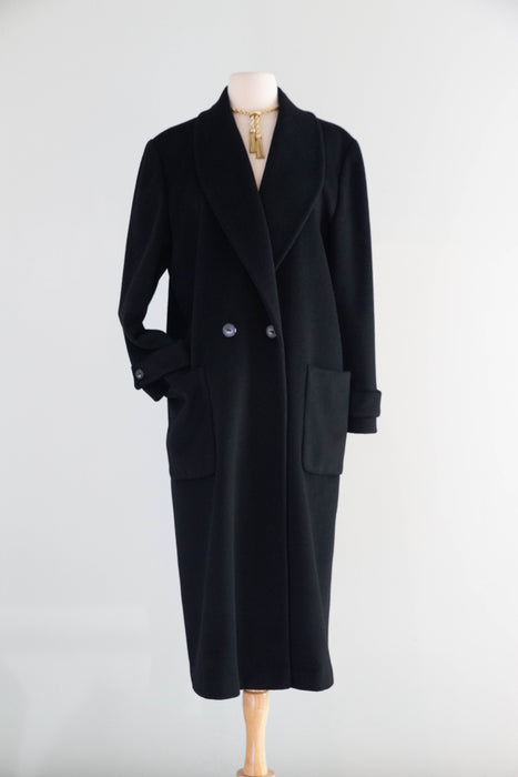 Chic 1980’s Minimalist Black Long Line Worumbo Wool Overcoat / ML