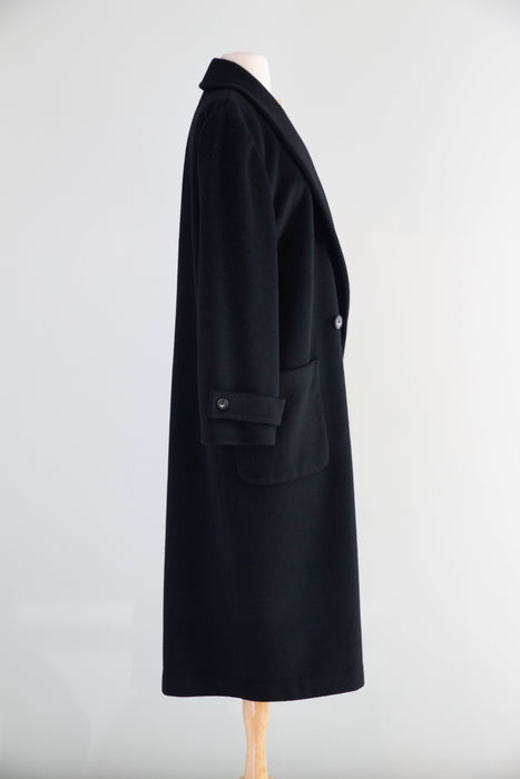 Chic 1980’s Minimalist Black Long Line Worumbo Wool Overcoat / ML