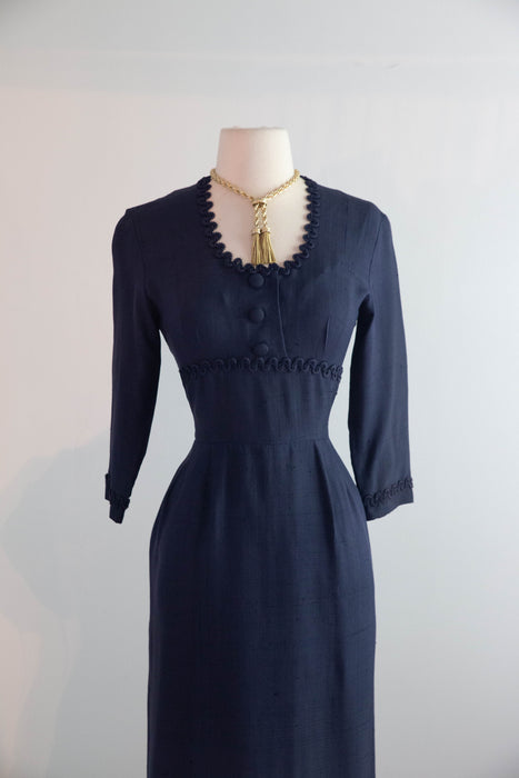 Elegant 1950's Navy Blue Silk Wiggle Dress With Pockets / S