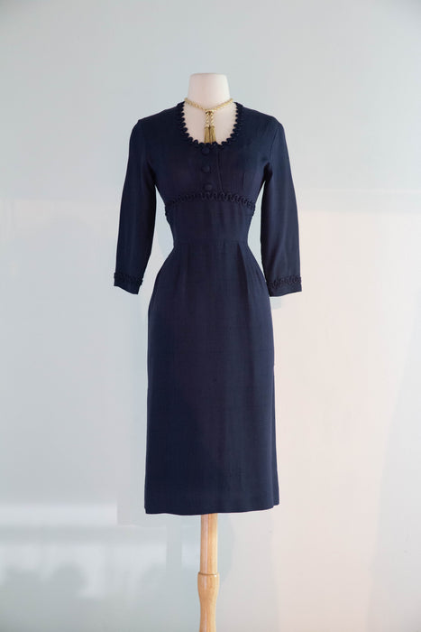 Elegant 1950's Navy Blue Silk Wiggle Dress With Pockets / S