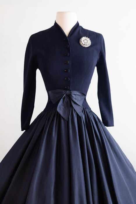 Exquisite 1950's Patullo Jo-Copeland Navy Blue Silk Cocktail Dress  / Small