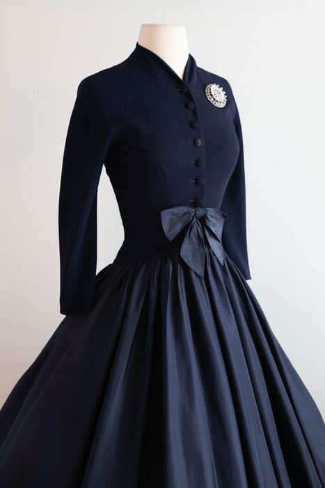Exquisite 1950's Patullo Jo-Copeland Navy Blue Silk Cocktail Dress  / Small