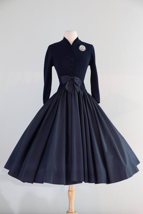 Exquisite 1950's Patullo Jo-Copeland Navy Blue Silk Cocktail Dress  / Small